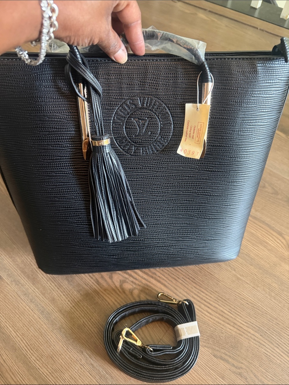 Black Structured Tote Bag with Tassel Accent